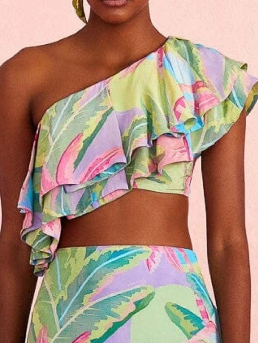 Farm Rio Beach Vibe One Shoulder Ruffled Top Pink Size L NWT Anthropologie